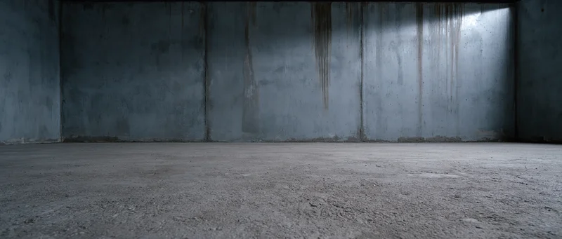 Empty industrial interior with bare concrete walls and floor, dimly lit with light entering from the right
