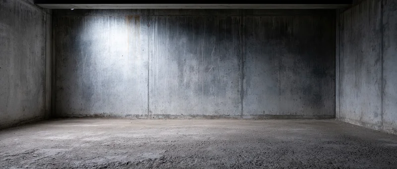 Empty industrial interior with bare concrete walls and floor, illuminated by overhead light