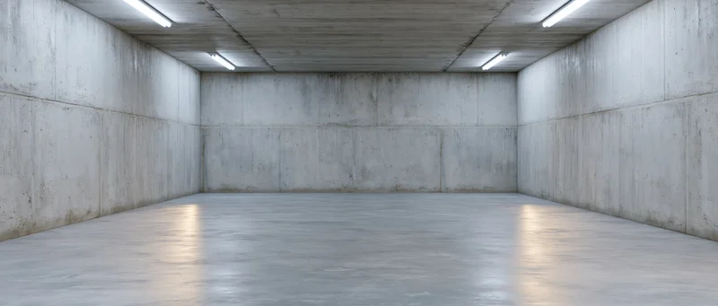 Empty industrial concrete room with fluorescent lighting and smooth floor