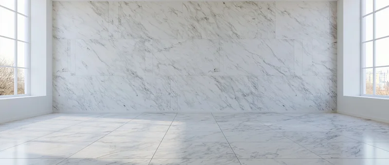 Empty modern room with white marble-veined walls and floor, natural light from windows