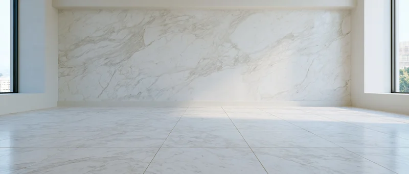 Empty modern room with white marble-veined wall and floor, natural light from windows