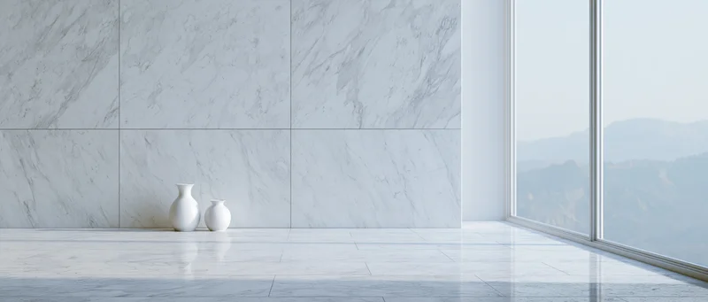 Minimalist white marble interior with two vases and panoramic mountain view through large window