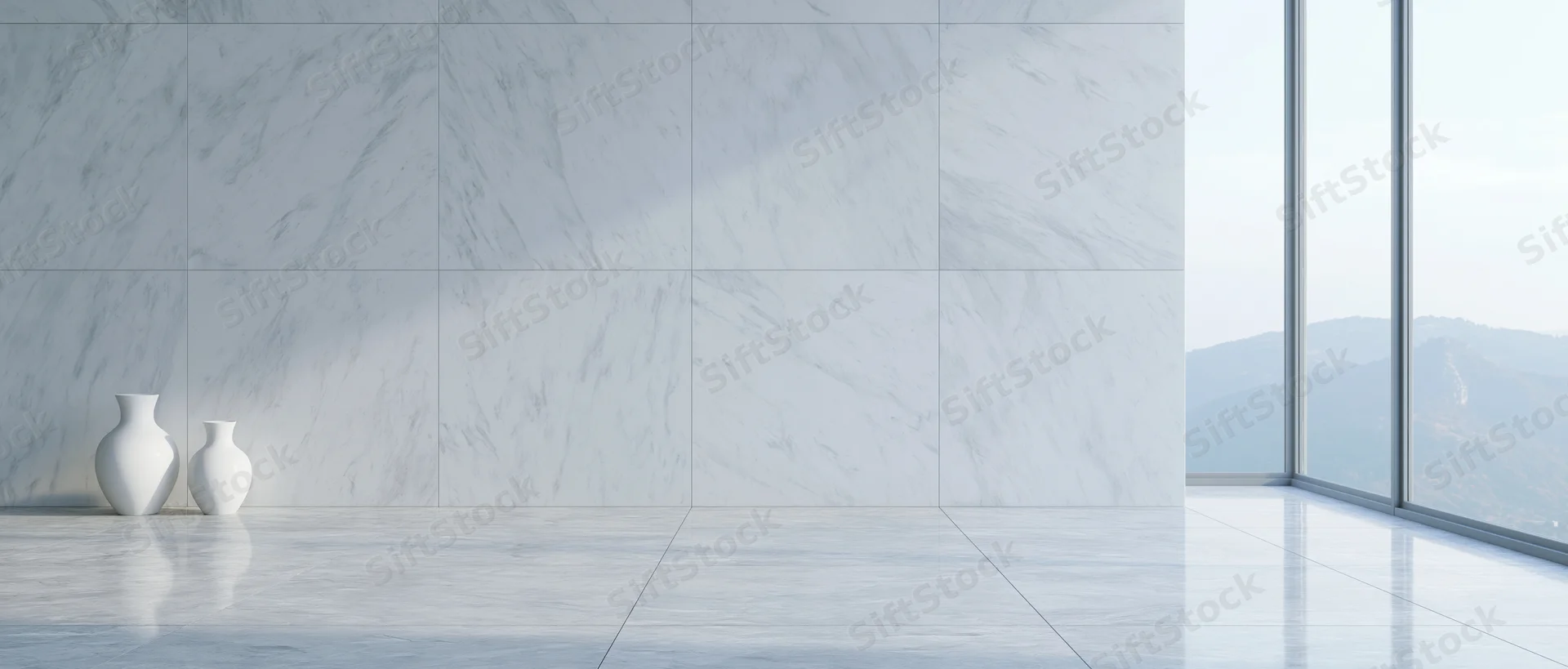 Minimalist white marble interior with two vases and panoramic window view