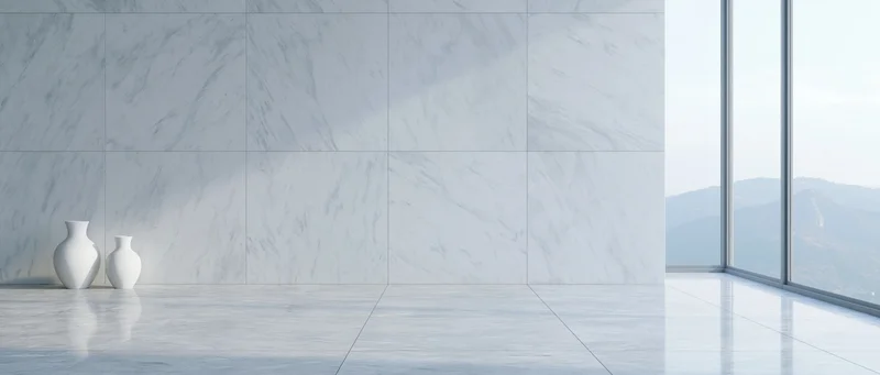 Minimalist white marble interior with two vases and panoramic window view