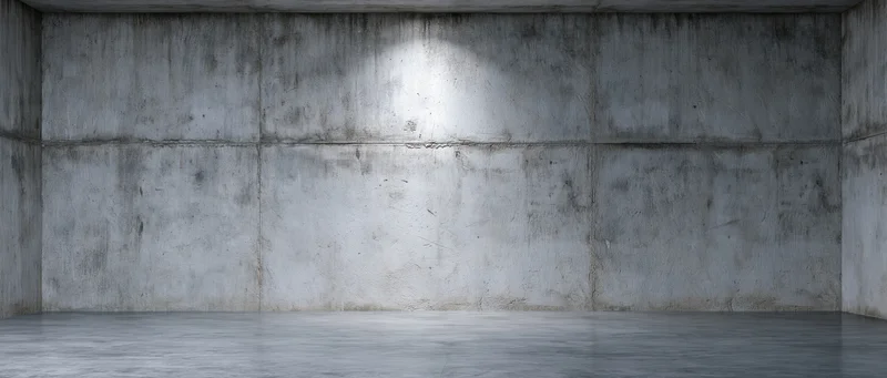 Empty raw concrete room with smooth floor and textured walls in wide panoramic view