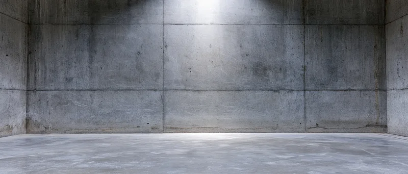 Empty raw concrete room with smooth walls and floor, wide panoramic view