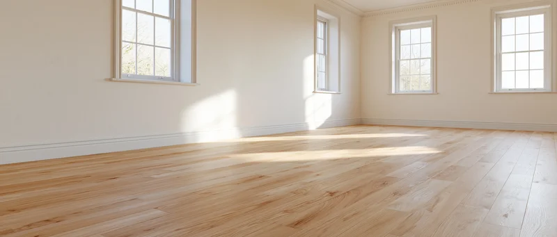 Empty room with light oak hardwood floor and cream white walls, sunlight streaming through windows