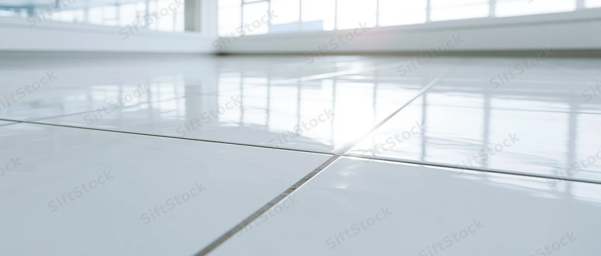 Glossy white ceramic tile floor in a large bright interior space with window reflections