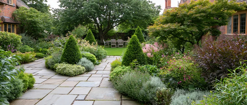 Stone-paved pathway winding through lush green garden with shrubs and flowers near brick house