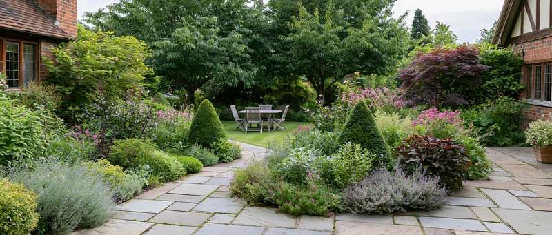 Stone-paved garden path leading to a lawn with seating surrounded by lush plants and trees in summer