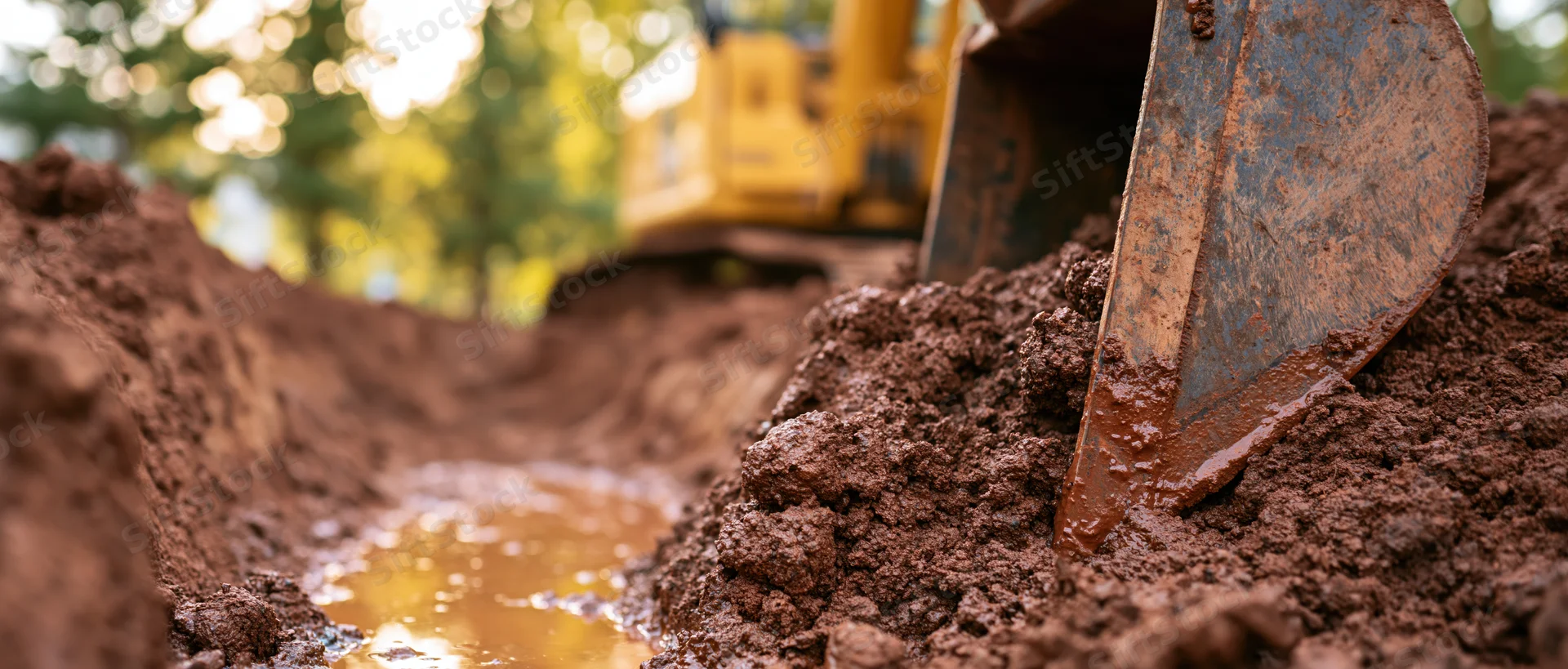 Excavator bucket resting in a wet muddy trench at a construction site