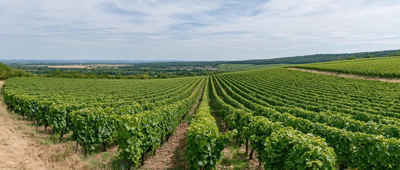 Rows of grapevines stretching across rolling hills under a partly cloudy sky