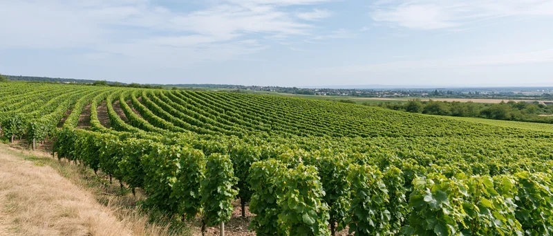 Rows of grapevines stretching across rolling hills in summer landscape