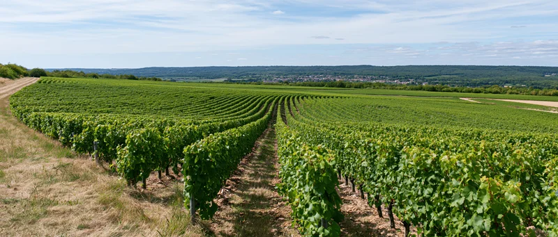 Rows of grapevines stretching across rolling hills in a rural landscape