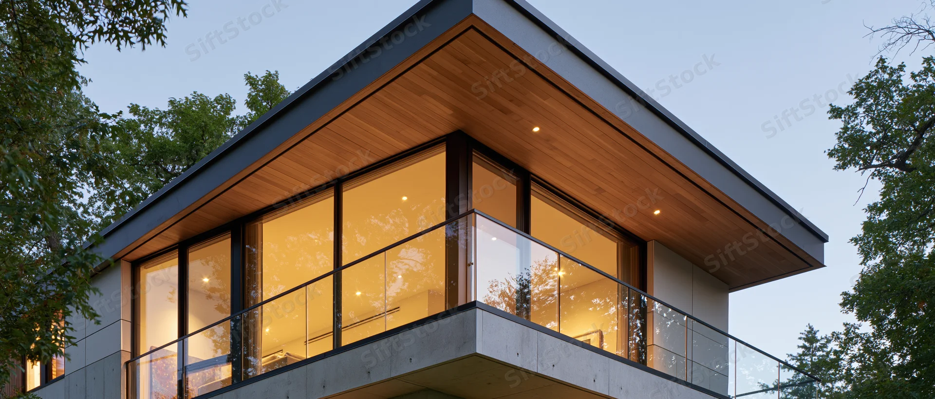 Modern house exterior corner with glass windows and balcony surrounded by trees at evening