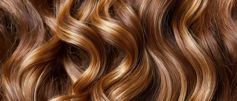 Close-up of glossy wavy brown hair with blonde highlights filling the frame