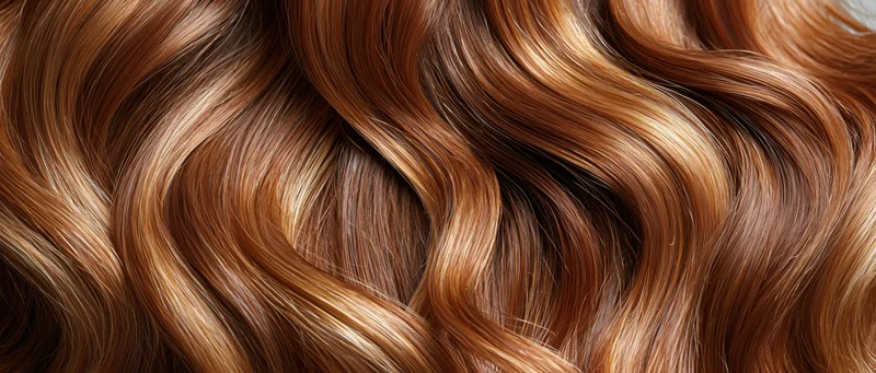 Close-up of glossy wavy brown hair with caramel highlights filling the frame