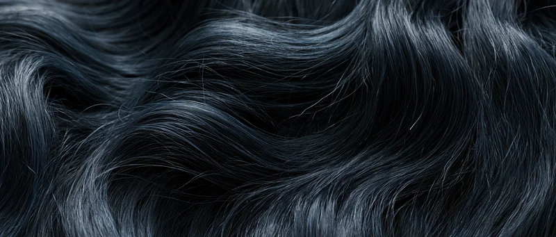 Closeup of long wavy black hair with glossy texture filling the frame