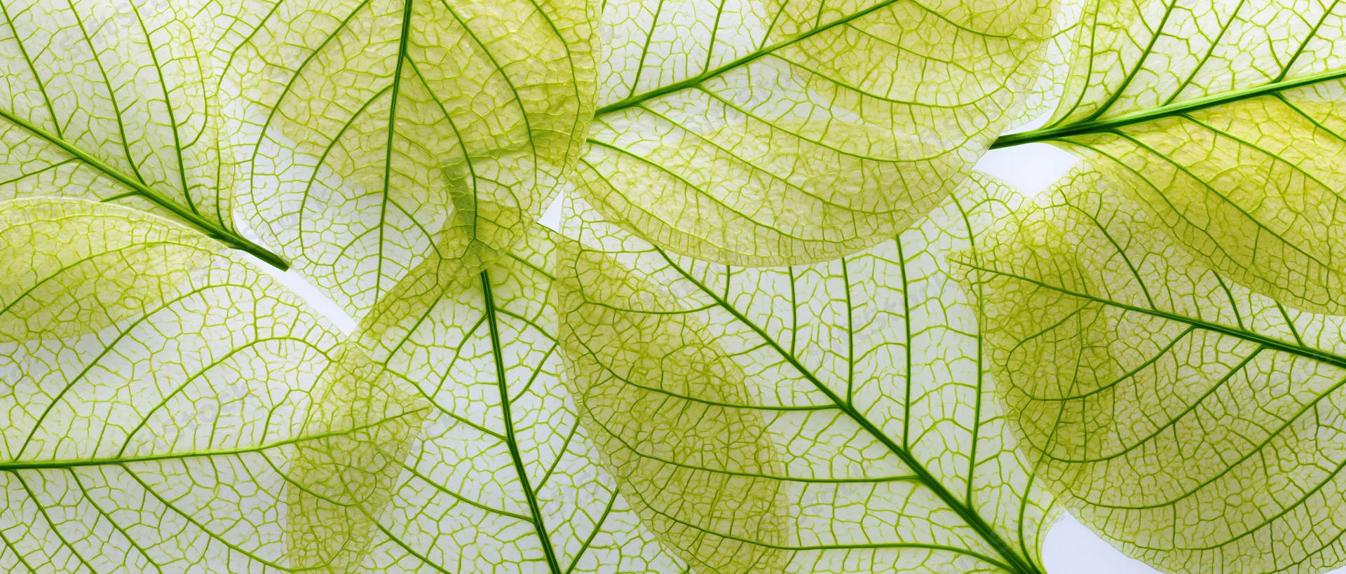 Translucent leaf skeletons overlapping in a detailed macro view against a light background