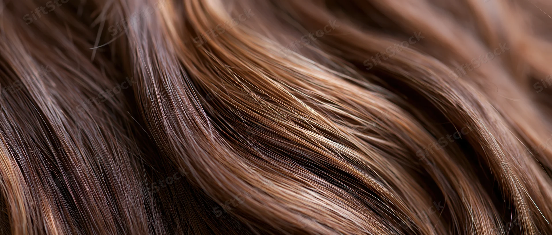 Closeup of smooth wavy human hair strands showing natural brown texture and shine