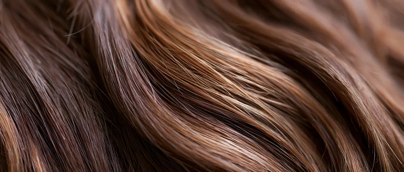 Closeup of smooth wavy human hair strands showing natural brown texture and shine