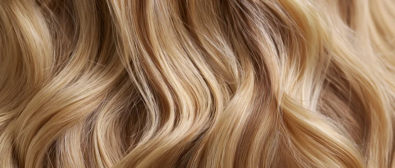 Close-up of wavy blonde hair strands filling the frame