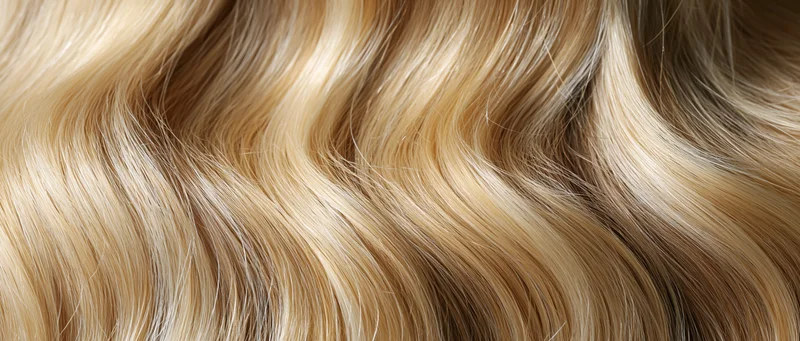 Closeup of wavy blonde hair strands with natural shine and texture