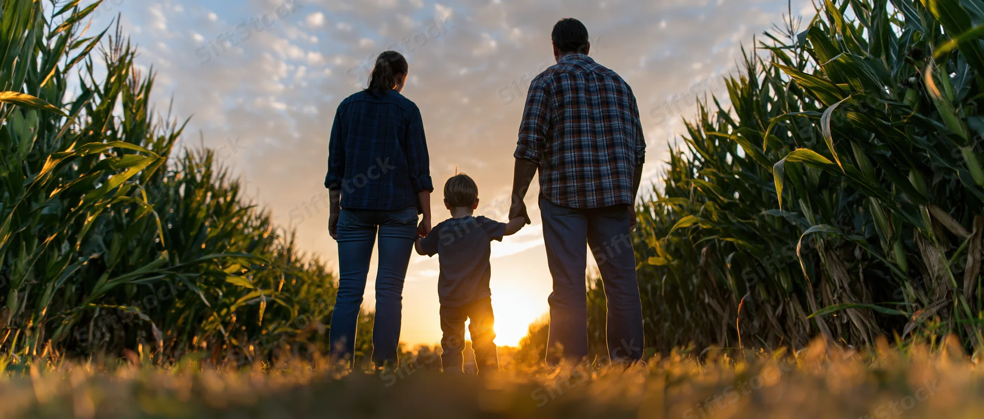 Family of three holding hands walking through a cornfield at sunset