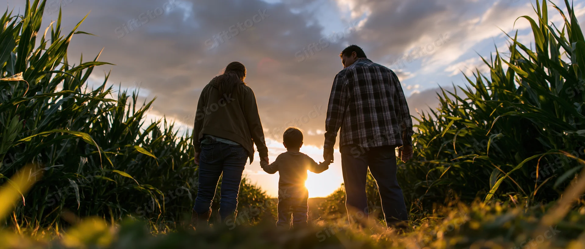 Family of three holding hands walking through a cornfield at sunset