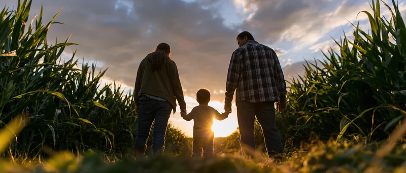 Family of three holding hands walking through a cornfield at sunset