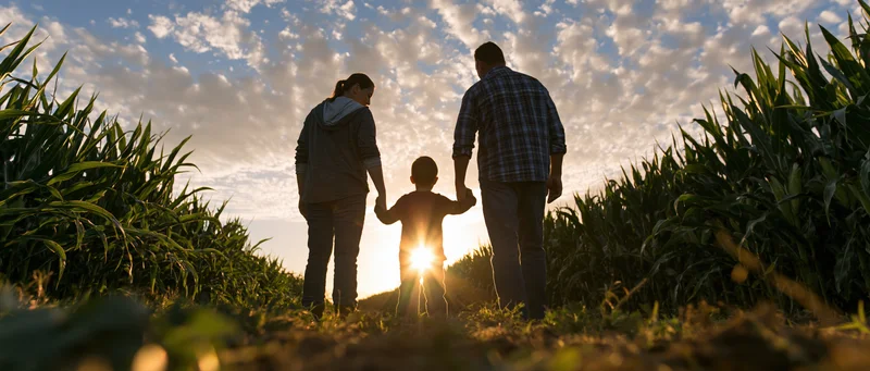 Family of three walking hand in hand through a cornfield at sunset