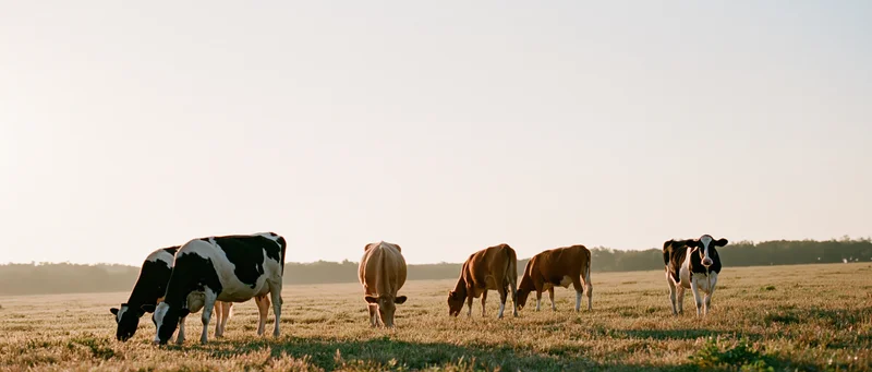 Cows grazing in a sunlit pasture field