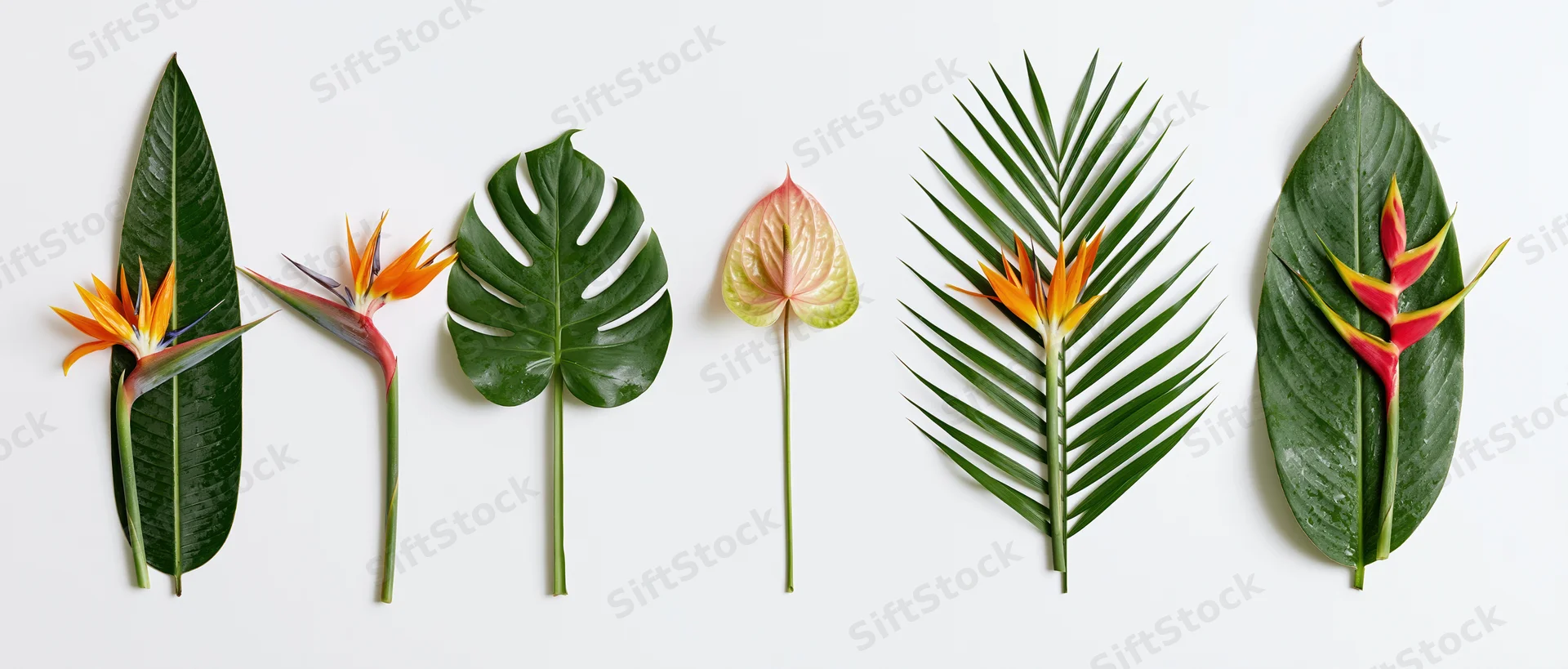 Five bird-of-paradise flowers and tropical leaves arranged in a row on white background