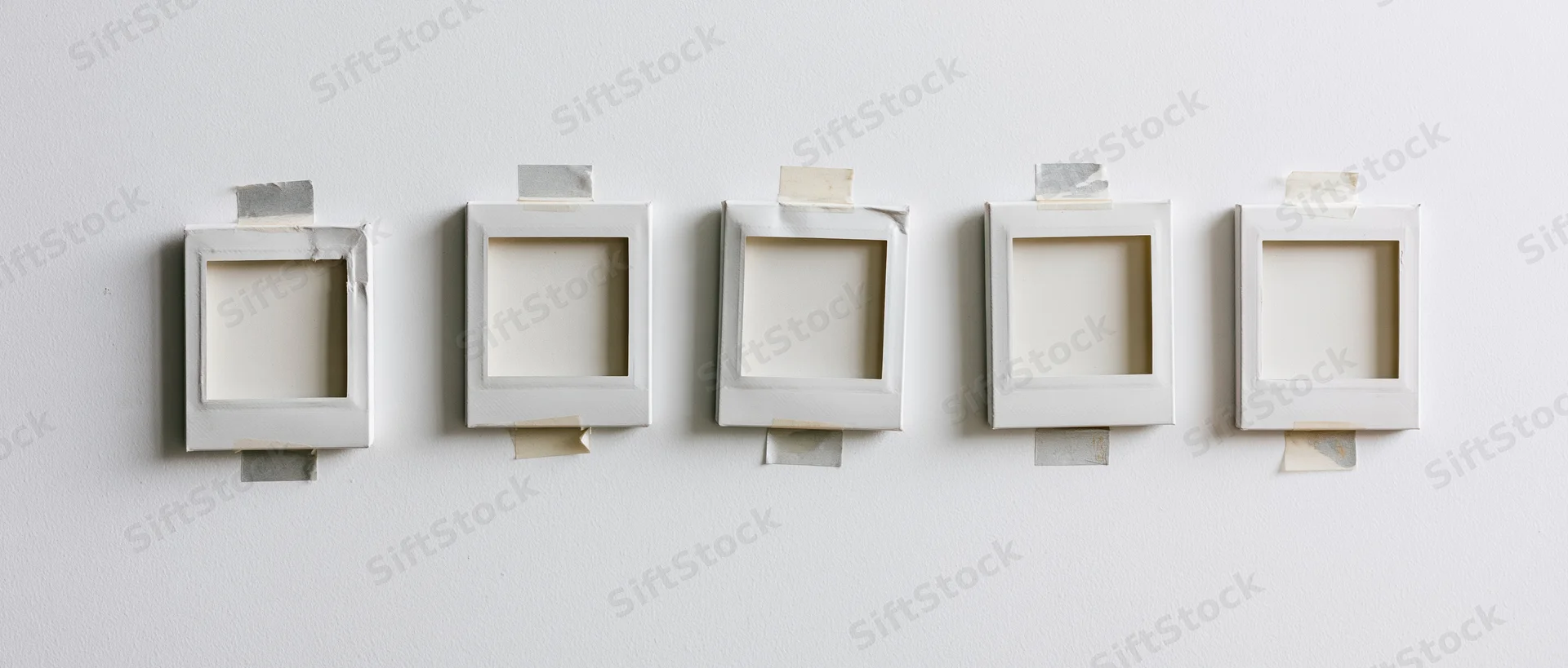 Five blank instant film photo frames taped in a row on a white wall