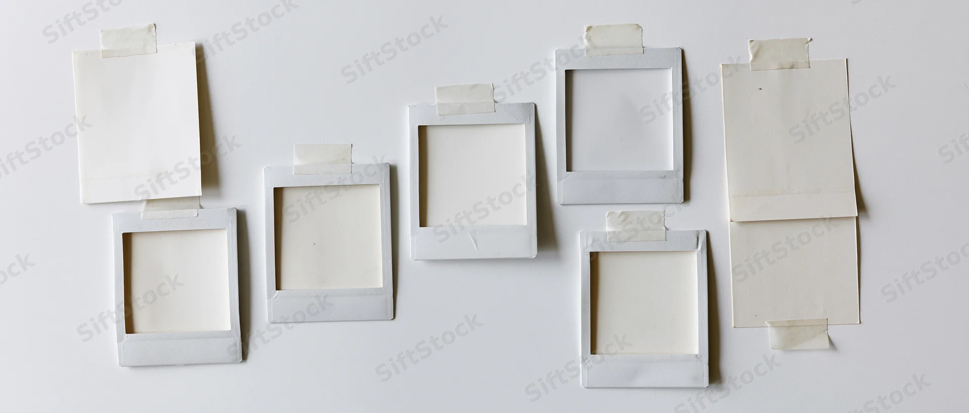 Blank instant photo frames taped to a white surface in a flat lay arrangement