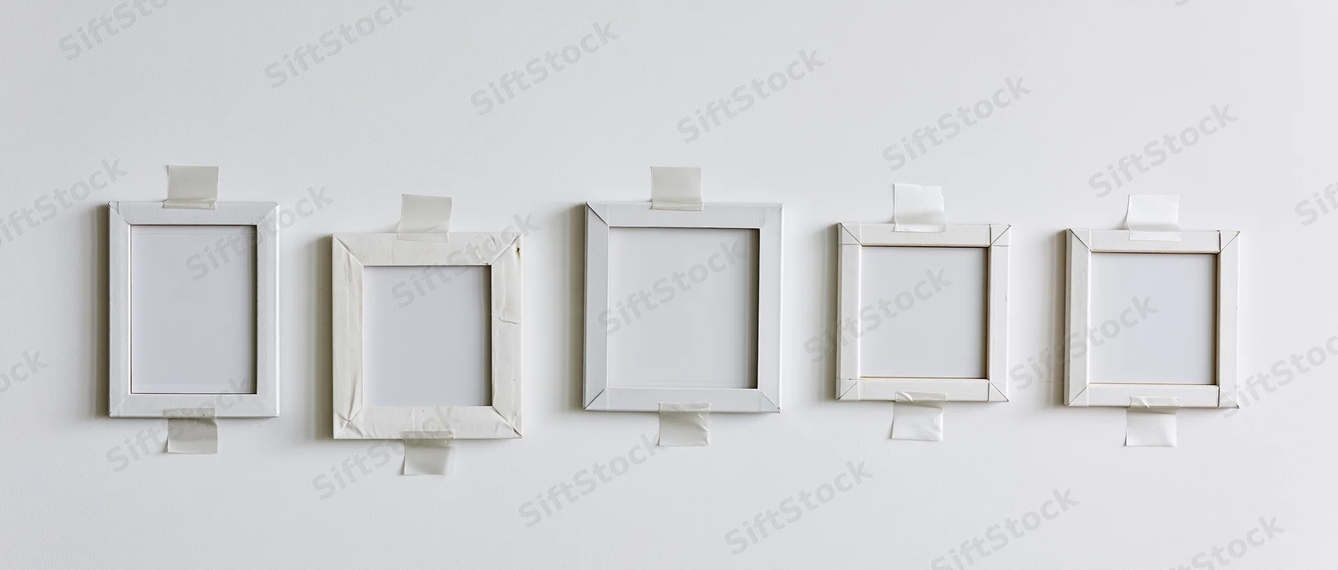 Five blank white photo frames taped to a plain white wall in a row