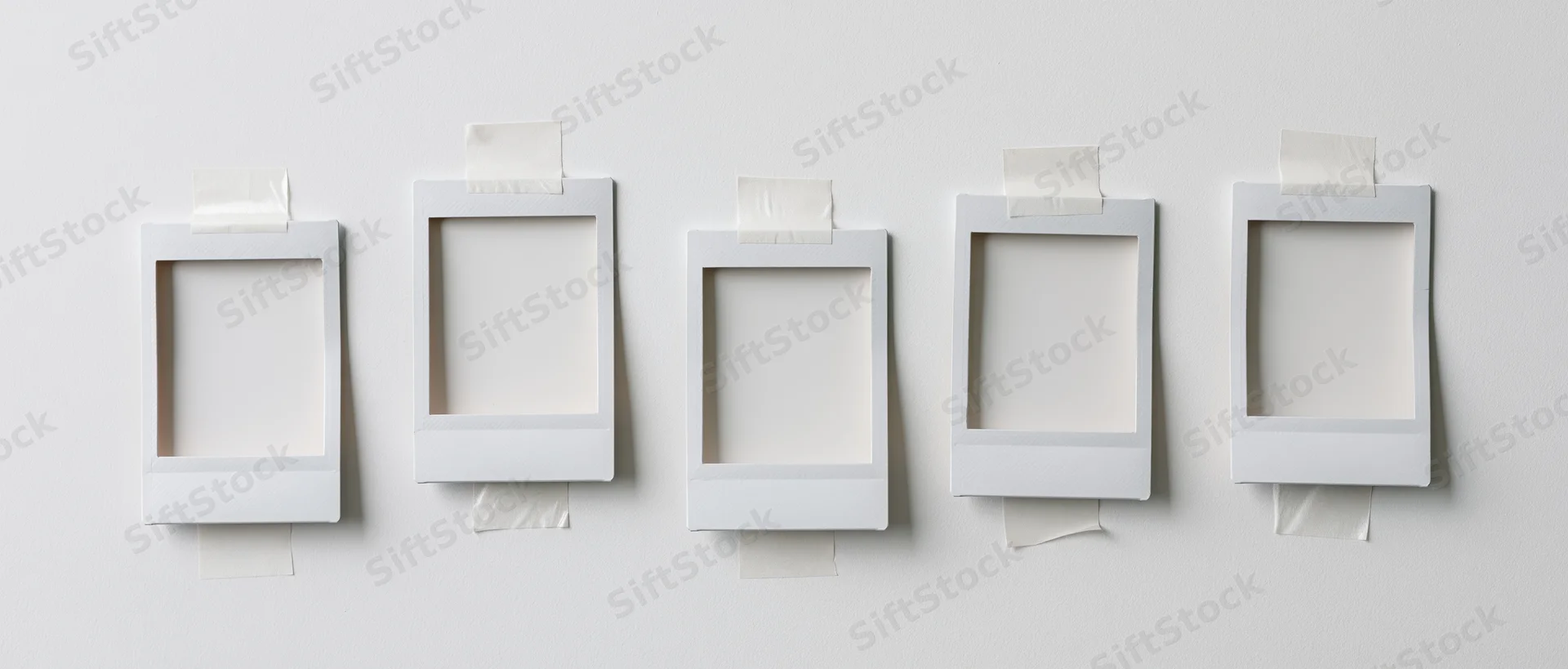 Five blank instant photo frames taped to a white wall in a horizontal row