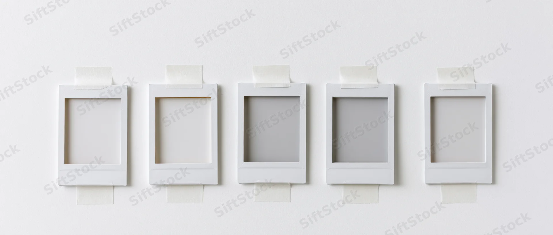 Five blank instant photo frames with white borders taped to a white wall in a row