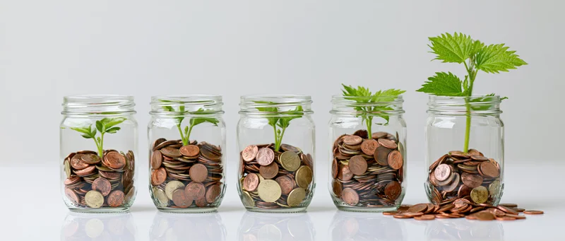 Five glass jars filled with coins and growing green plants arranged in a row on a white reflective surface