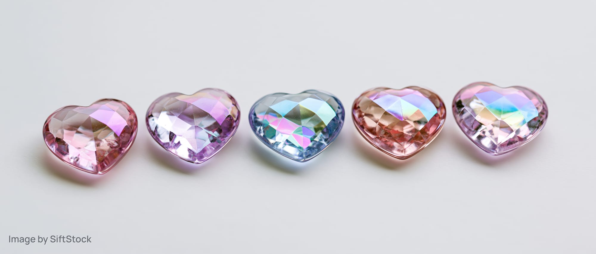 Five heart-shaped crystal gemstones arranged in a row on a white surface
