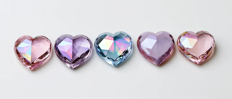Five faceted crystal hearts in pink purple and blue arranged in a row on a white surface