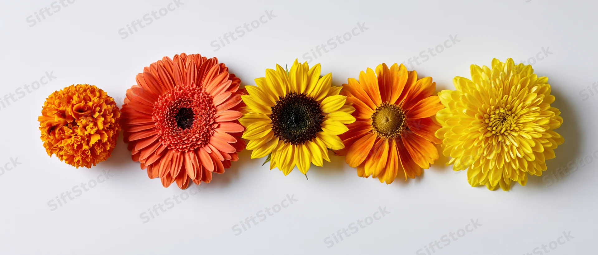 Five cut flowers arranged in a horizontal row on a white background