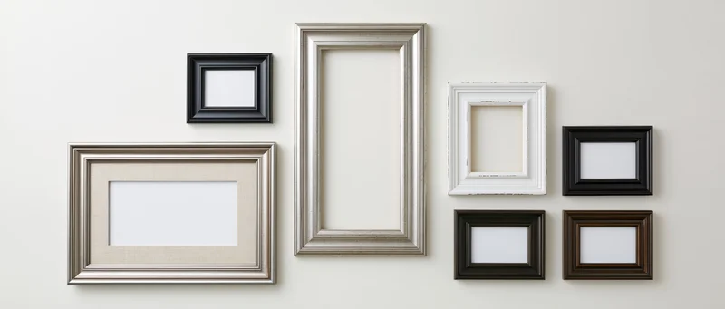 Multiple empty picture frames arranged on a plain white wall