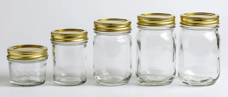 Five empty clear glass mason jars with gold screw-top lids arranged in a row on a white surface