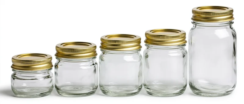 Five empty clear glass mason jars with gold metal screw-top lids arranged in ascending size order on white background