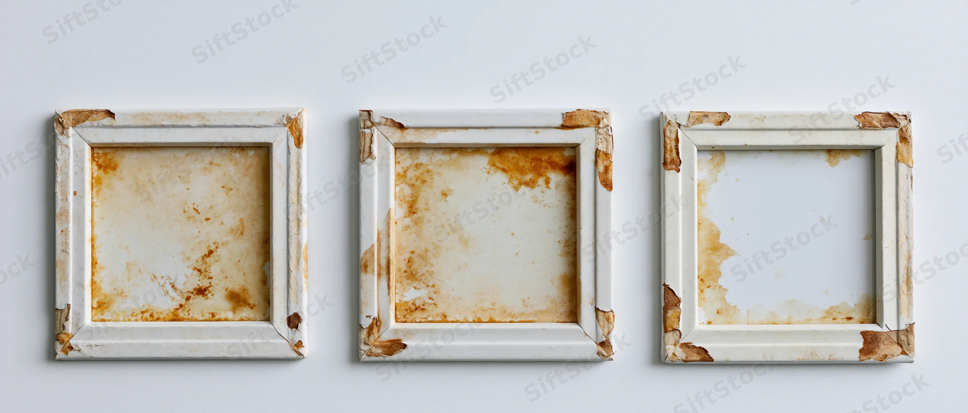 Three weathered white photo frames with rust stains arranged horizontally on a plain wall