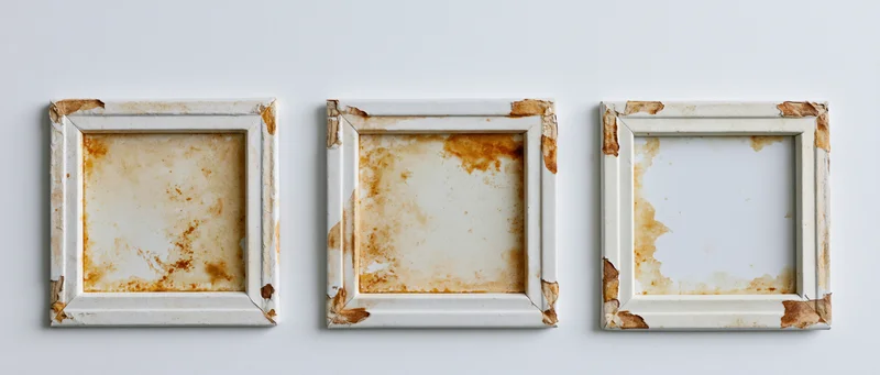 Three weathered white photo frames with rust stains arranged horizontally on a plain wall