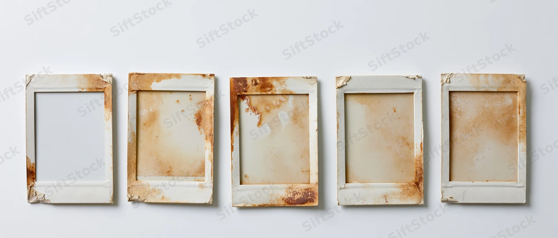 Five empty instant photo frames arranged in a horizontal row on a white wall