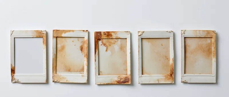 Five empty instant photo frames arranged in a horizontal row on a white wall