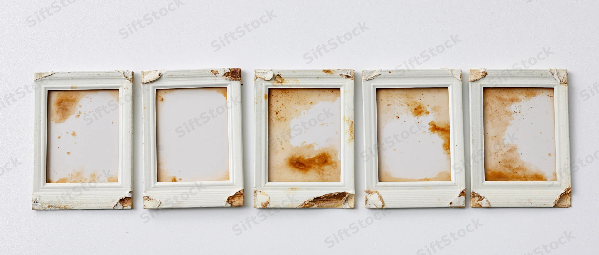 Five empty instant photo frames arranged in a horizontal row on a white wall